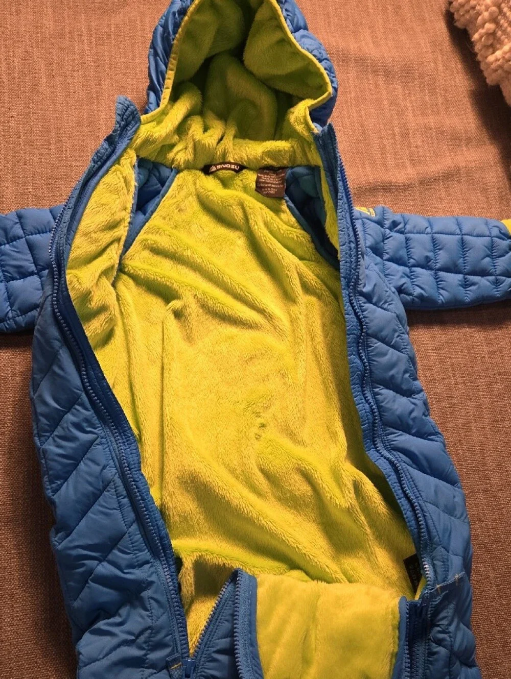 Snozu Blue One-Piece Quilted Snowsuit with Lime Trim